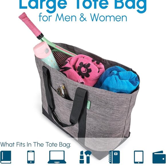 Large Tote Bag Women Men Canvas Polyester Zipper Organizer Work Travel - Picture 2 of 7